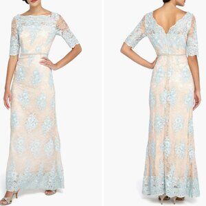 Tahari Pink Champagne and Blue Lace Bodycon Formal Dress Size 8 Vintage Style